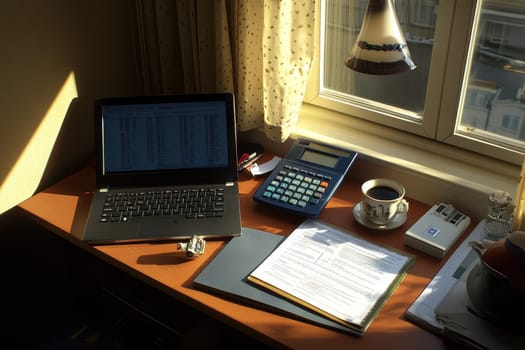 A warm and inviting office space featuring a laptop, calculator, cup of coffee, and assorted papers illuminated by sunlight. Ideal for remote work environments.
