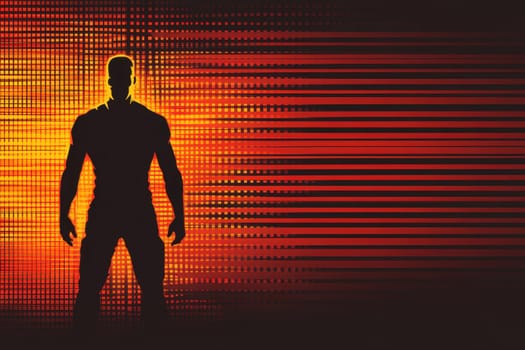 A bold silhouette of a strong figure stands against a vibrant abstract background, showcasing energy and strength. The design combines colors and patterns for artistic impact.
