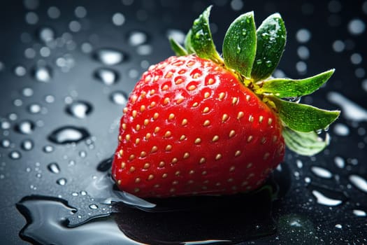 A close-up view of a fresh red strawberry resting on a glossy black surface with water droplets, showcasing its vibrant color and natural beauty.