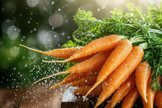 A stunning display of fresh carrots with green tops, glistening with water droplets, creating an appealing and vibrant visual. Perfect for food and health themes.