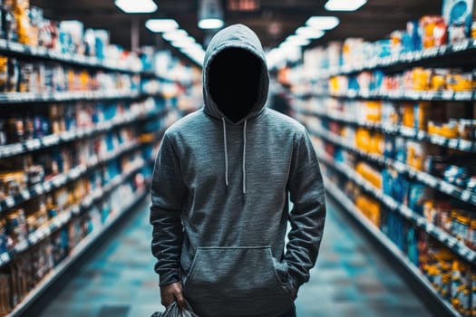 A mysterious figure in a gray hoodie stands in a grocery aisle filled with colorful products. The dark silhouette evokes feelings of mystery and intrigue.