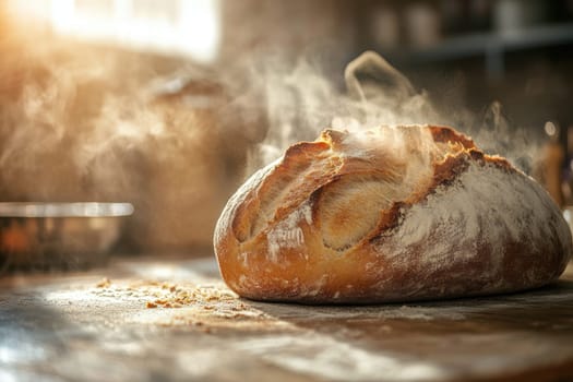 A beautiful, freshly baked artisan bread rests on a wooden surface, enveloped in warm sunlight and a cloud of flour dust. Perfect for culinary imagery.