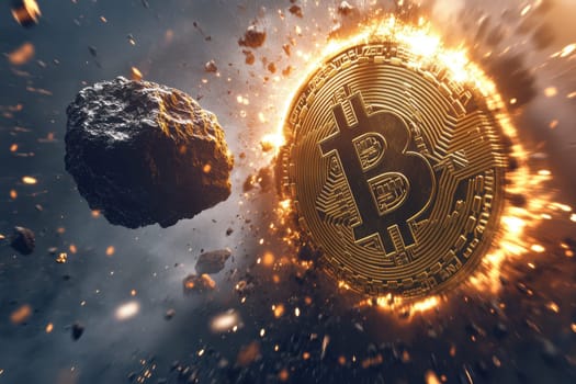 Visualize the power of cryptocurrency with this dynamic Bitcoin image, featuring explosive energy and a meteorite impact in a futuristic setting.