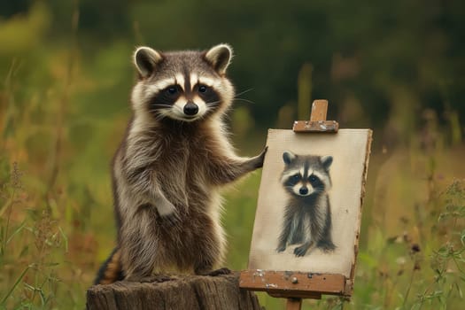 A charming raccoon stands proudly beside its self-portrait on a canvas in a vibrant outdoor setting, showcasing creativity and whimsical charm.