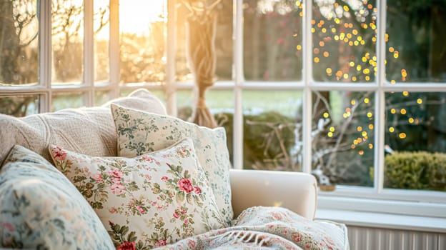 Colorful pillows on sofa against glass wall of window in a winter garden or conservatory. Interior textile concept. High quality photo