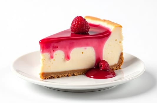 Bright raspberry cheesecake on a white plate on a white background. AI generated.