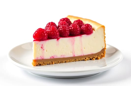 Bright raspberry cheesecake on a white plate on a white background. AI generated.