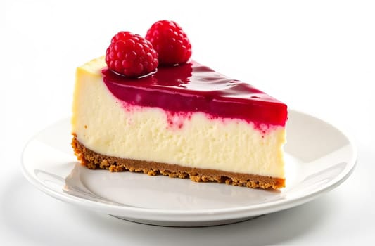 Bright raspberry cheesecake on a white plate on a white background. AI generated.