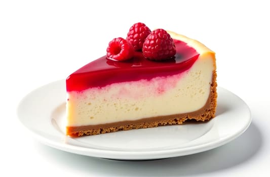 Bright raspberry cheesecake on a white plate on a white background. AI generated.