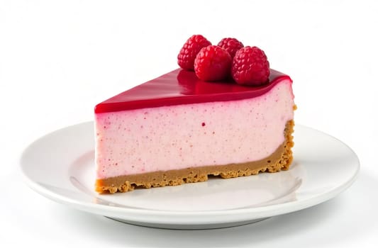 Bright raspberry cheesecake on a white plate on a white background. AI generated.