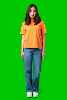 A young woman stands confidently wearing an orange t-shirt and blue jeans with a bright green backdrop. Her casual style highlights a relaxed and approachable demeanor.