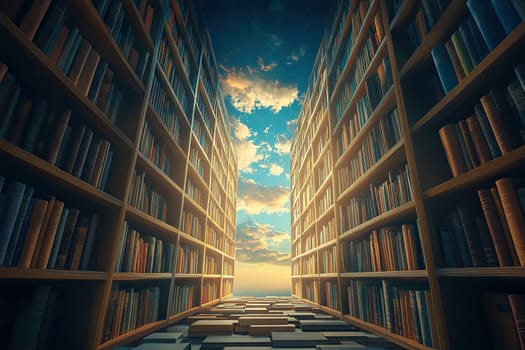 Library in the sky. The road to heaven is surrounded by tall shelves full of books.