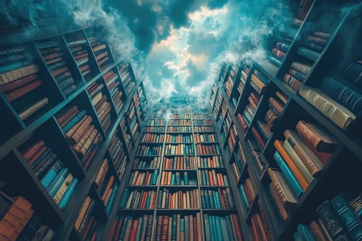 A rack of shelves full of books rises into the cloudy sky. Concept of gaining knowledge
