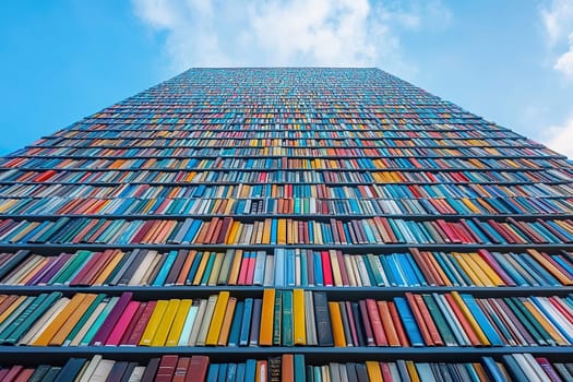 A wall of books goes high into the blue sky. Education concept.