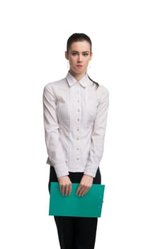 Business woman in white tshirt with green paper pack cropped isolated view