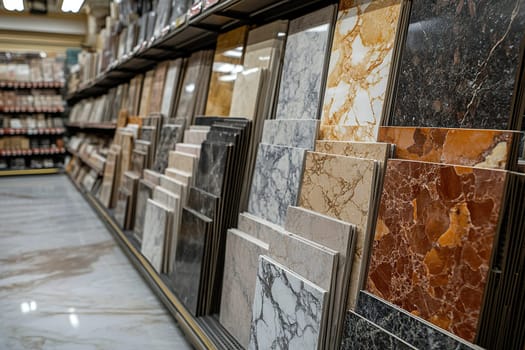 Samples of marble and porcelain tiles in a construction store. Concept of renovation and interior selection.
