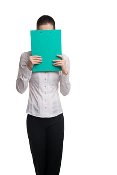 Business woman in white tshirt with green paper pack cropped shot