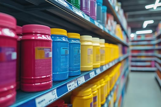 Paint on the shelves of a hardware store, paint department