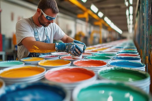 A worker at a paint factory mixes paint. Long rows of tin cans of paint on a conveyor belt. Factory for the production of paints.