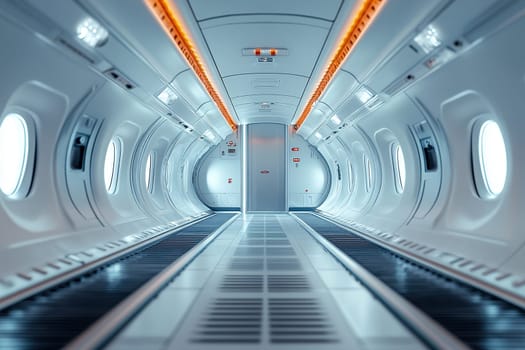 Space station concept. Interior inside the space station. Corridor, portholes and door.