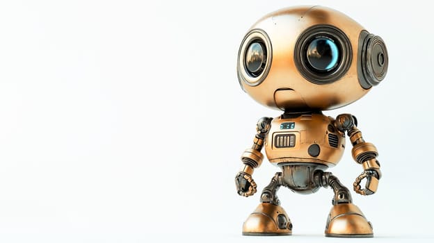 Vintage retro steampunk robot with rusty parts stands on a white background. Character of classic fantasy stories. Place for text. AI generated.