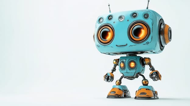 Vintage retro steampunk robot with rusty parts stands on a white background. Character of classic fantasy stories. Place for text. AI generated.