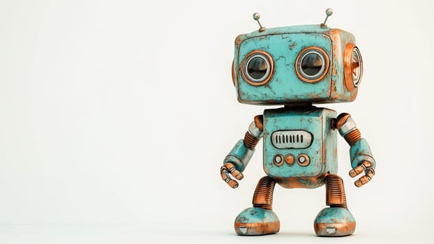 Vintage retro steampunk robot with rusty parts stands on a white background. Character of classic fantasy stories. Place for text. AI generated.