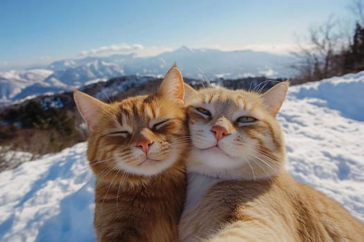 A couple of cats taking a selfie together on a smartphone camera against the backdrop of snowy mountains. Funny cats in the mountains.