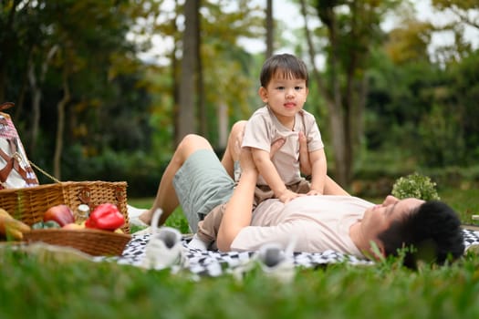 Smiling father lying on a picnic blanket in a lush green park with his cute little son.