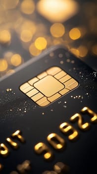 Close-up of a black credit card with a gold chip, glowing with a golden bokeh background, representing online shopping, secure payment and financial transactions.
