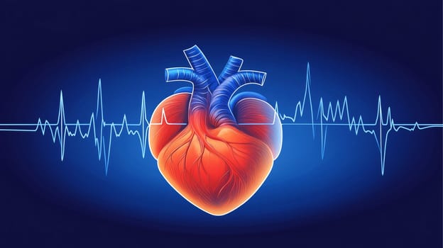 Medical illustration of a beating human heart with an electrocardiogram line, representing a healthy cardiovascular system.