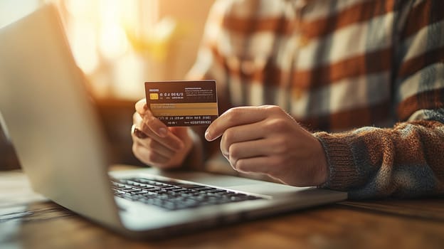 Hands holding credit card and using laptop for online shopping