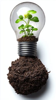 Light bulb with a green plant growing inside connected to the ground with roots, symbolizing green energy and environmental conservation.