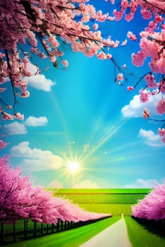 spring flowers trees beautiful park green nature bright colors pink flora alt illustration card season march. High quality 3d illustration generation ai alt