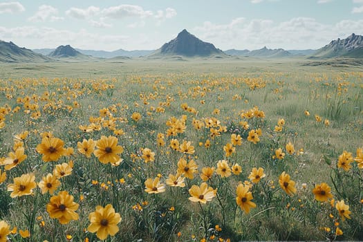 A field of bright yellow flowers stretches to distant mountains, creating a serene vibe.