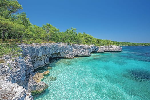 Turquoise waters gently lap against rocky cliffs under a clear blue sky.