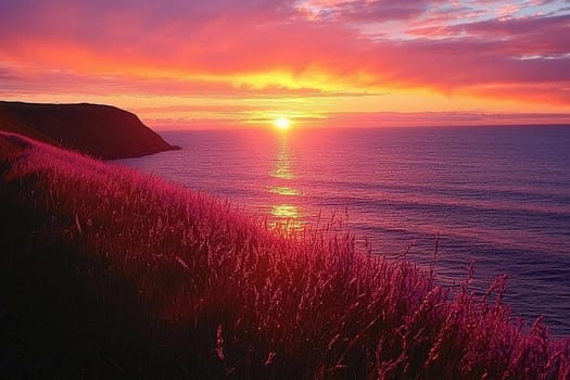 The sun sets over the calm ocean, filling the sky with vivid colors and lighting the grass.