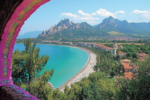 A breathtaking view features turquoise waters, sandy beach, and distant mountains under a clear sky.