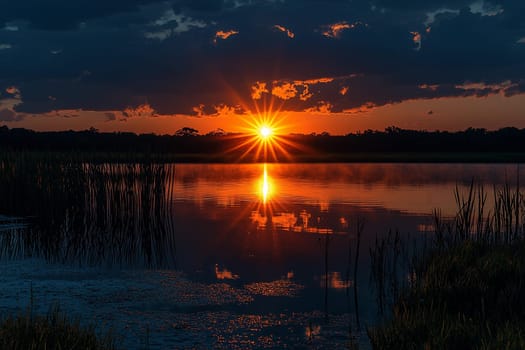 Bright sunset casts vibrant colors over the calm lake, highlighting reflections in the water.