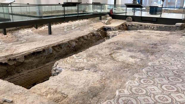 Plovdiv, Bulgaria, Europe - 06.12.2023: Excavation site of the Great Basilica in Plovdiv, Bulgaria. Ancient mosaic floor and ruins of a historical landmark.