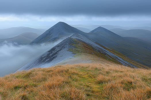 Misty mountains rise dramatically against a gray sky in a tranquil natural setting.