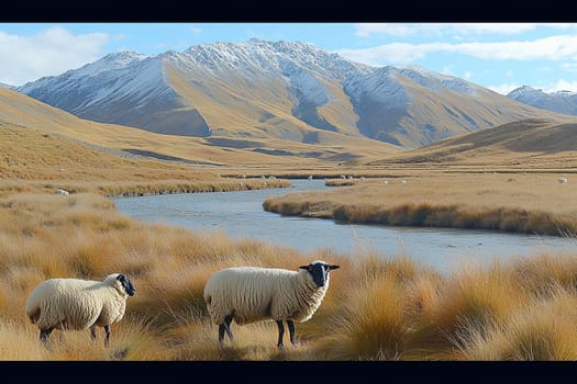 Two sheep graze near a river flowing through a picturesque valley at midday.