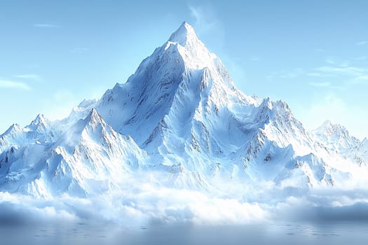 Snow-covered mountain towers above fluffy clouds in a bright blue sky, radiating tranquility.