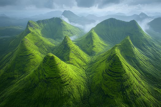 Majestic green mountains rise dramatically under a cloudy sky, showcasing natural beauty.