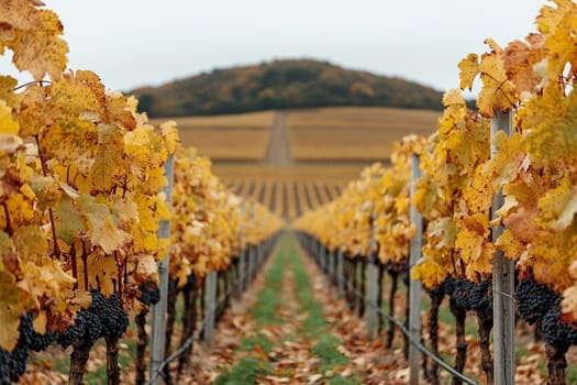 Rows of grapevines display golden leaves in an autumn vineyard, with hills in the background.