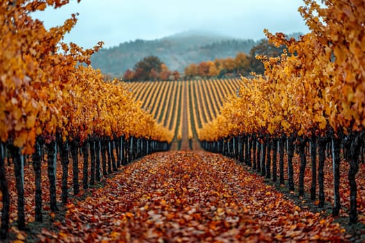 Rows of grapevines display vibrant autumn colors with fallen leaves covering the ground.