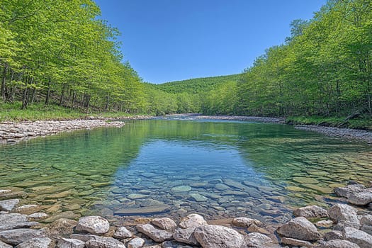 A serene river flows gently amid vibrant green trees, shimmering under the sunlight.