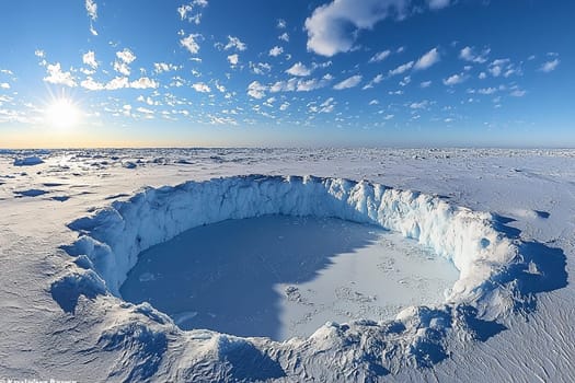 A circular hole in the ice lies in a vast Arctic landscape with sunlight and clouds.