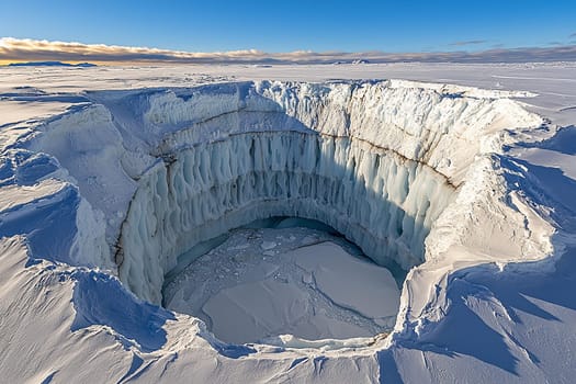 Majestic sinkhole in arctic ice with tiered walls showcases natural beauty and depth.