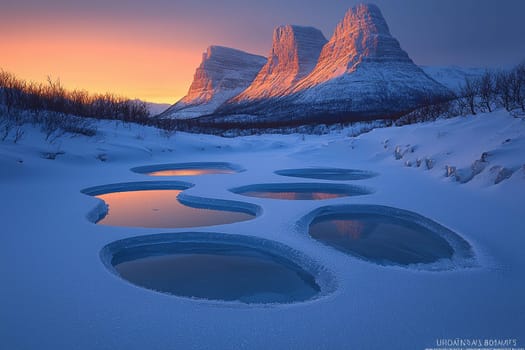 Snow-covered mountains are illuminated by sunset, reflecting in clear icy pools below.